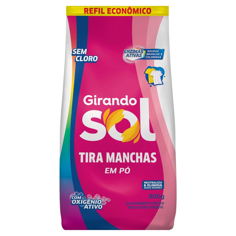 Tira-Manchas Pó Roupas Brancas e Coloridas Girando Sol Pacote 800g Refil Econômico