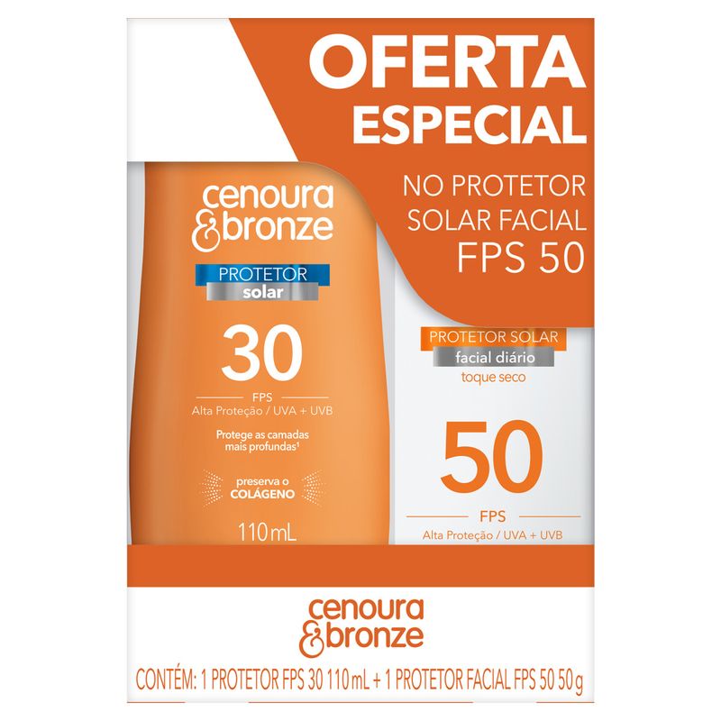 Kit-Protetor-Solar-FPS-30-110ml---Protetor-Solar-Facial-Toque-Seco-FPS-50-50g-Cenoura---Bronze