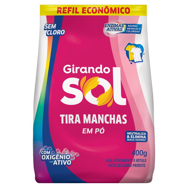 Tira-Manchas Pó Roupas Brancas e Coloridas Girando Sol Pacote 400g Refil Econômico