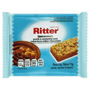 Pack Barra de Cereal Avelã e Castanha Cobertura Chocolate Ritter Pacote 75g 3 Unidades