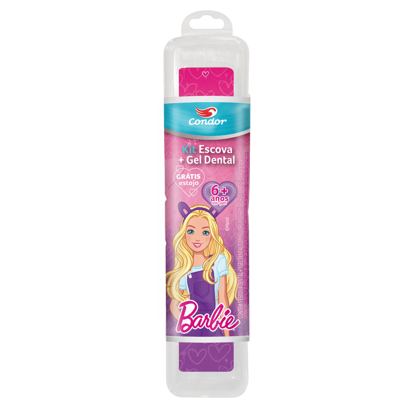 Kit Escova + Gel Dental com Flúor Morango Barbie 50g Condor Kids+ Grátis Estojo Protetor