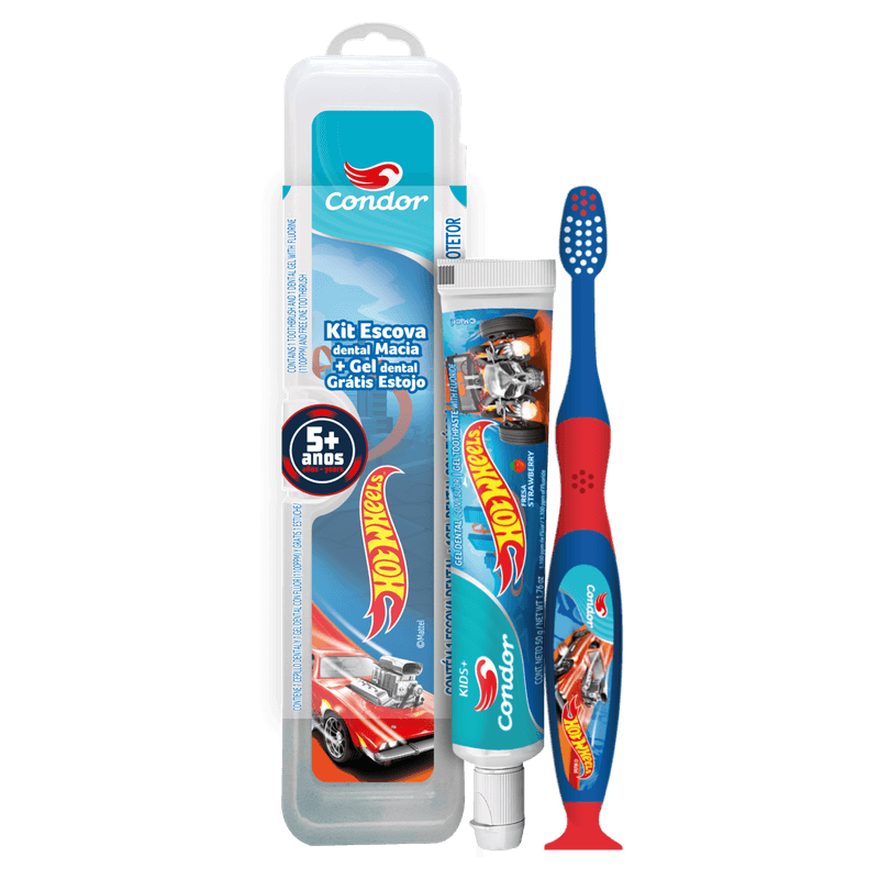 Kit Escova + Gel Dental com Flúor Morango Hot Wheels 50g Condor Kids+ Grátis Estojo Protetor