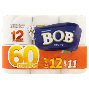 Papel Higiênico Folha Simples Neutro Bob 60m Pacote Leve 12 Pague 11 Unidades