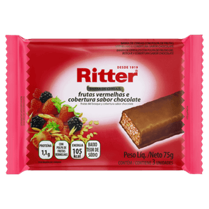 Pack Barra de Cereal Frutas Vermelhas Cobertura Chocolate Ritter Pacote 75g 3 Unidades