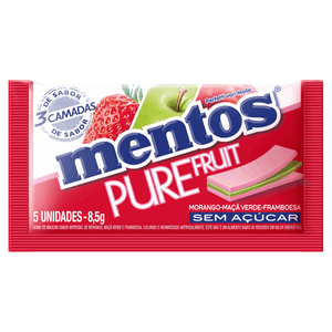 Goma de Mascar Morango, Maçã-Verde e Framboesa Zero Açúcar Mentos Pure Fruit Envelope 8,5g 5 Unidades