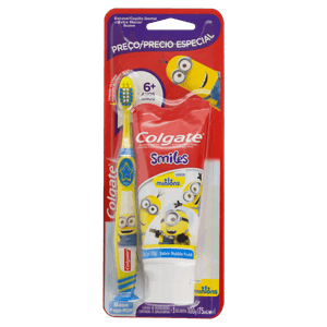Kit Escova + Gel Dental Infantil com Flúor Bubble Fruit Minions Colgate Smiles 100g
