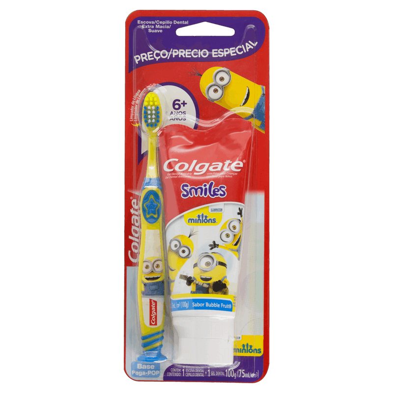 Kit-Escova---Gel-Dental-Infantil-com-Fluor-Bubble-Fruit-Minions-Colgate-Smiles-100g