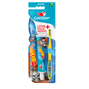 Kit Escova Macia + Gel Dental com Flúor Morango Kids + 50 g Hot Wheels Condor Júnior Leve Mais Pague Menos