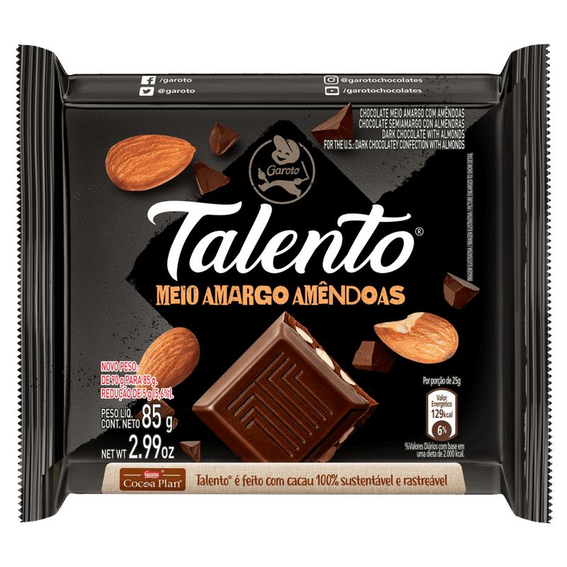 Chocolate Meio Amargo com Amêndoas Garoto Talento Pacote 85g