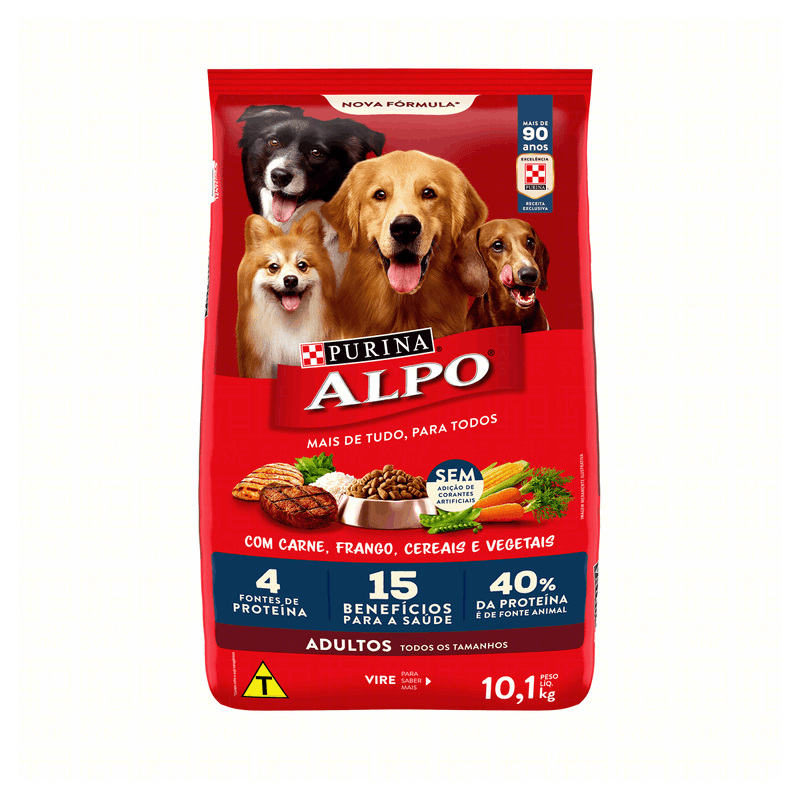 Alimento Ração para Cães Adultos Todos os Tamanhos Carne, Frango, Cereais e Vegetais Purina Alpo Pacote 10,1kg