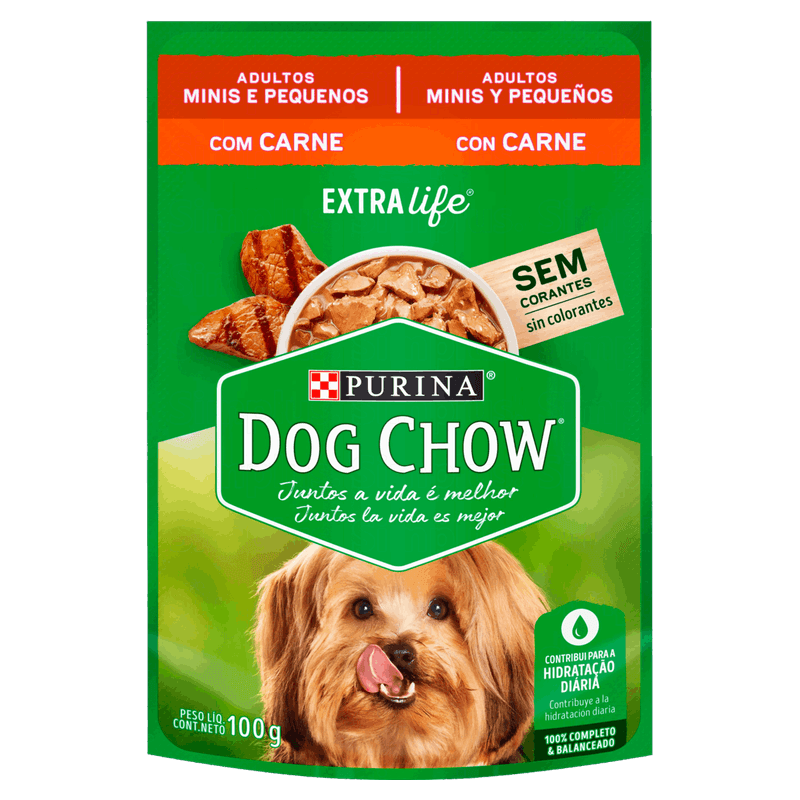 Alimento Ração Úmida para Cães Adultos Raças Minis e Pequenas Carne Purina Dog Chow Extra Life Sachê 100g