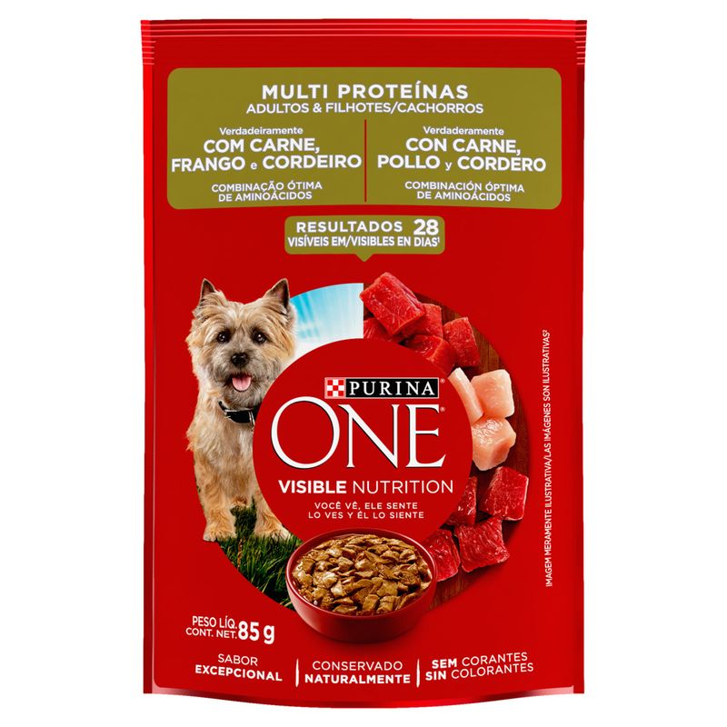 Alimento ração Úmida para Cães Adultos e Filhotes Carne, Frango e Cordeiro Purina One Multi Proteínas Sachê 85g