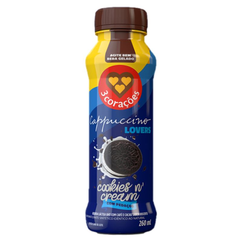 Bebida Láctea UHT Cappuccino Cookies 'n' Cream 3 Corações Lovers Frasco 260ml