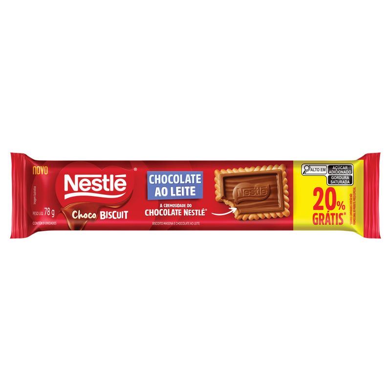 Biscoito Maisena Chocolate ao Leite Nestlé Choco Biscuit Pacote 78g Grátis 20%