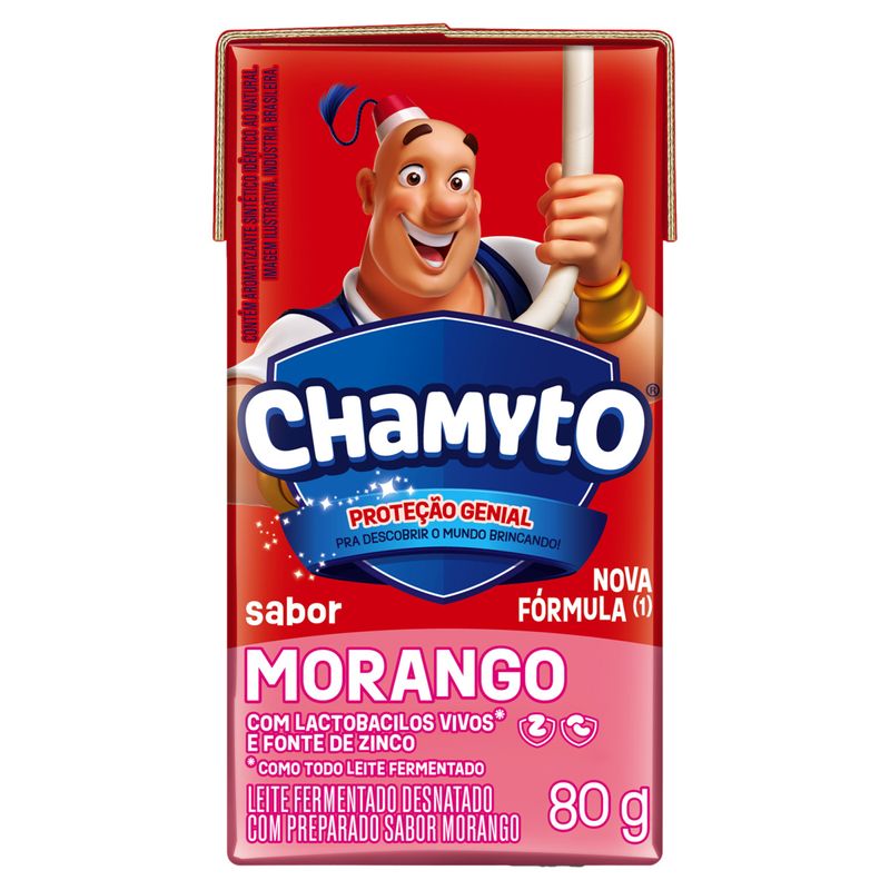 Pack Leite Fermentado Desnatado Morango Chamyto Caixa 480g 6 Unidades