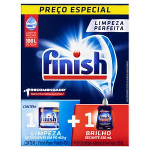 Kit Detergente Pó Power Powder Advanced 450g + Secante Abrilhantador 250ml para Máquina de Lavar Louças Finish