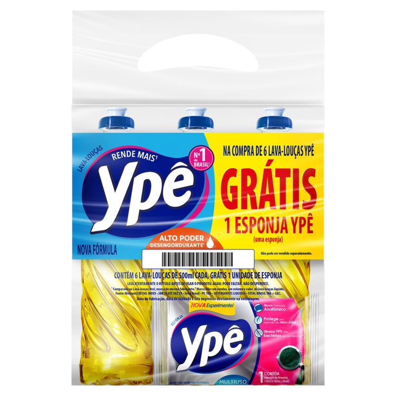 Kit 6 Lava-Louças Ypê 500ml Cada Grátis 1 Esponja Ypê