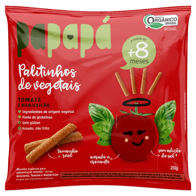 Palitinho de Vegetais Orgânico Tomate e Manjericão sem Glúten Papapá Pacote 20g