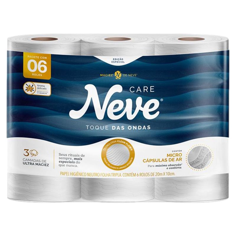 Papel Higiênico Folha Tripla com Perfume Neve Care Toque das Ondas 20m Pacote 6 Unidades