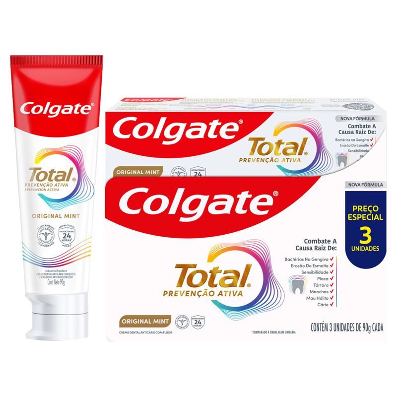 Pack Creme Dental Original Mint Colgate Total Prevenção Ativa Caixa 3 Unidades 90g Cada