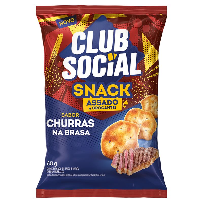 Snack de Trigo e Batata Assado Crocante Churras na Brasa Club Social Pacote 68g