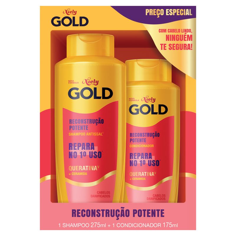 Kit Shampoo Antissal 275ml + Condicionador 175ml Niely Gold Reconstrução Potente