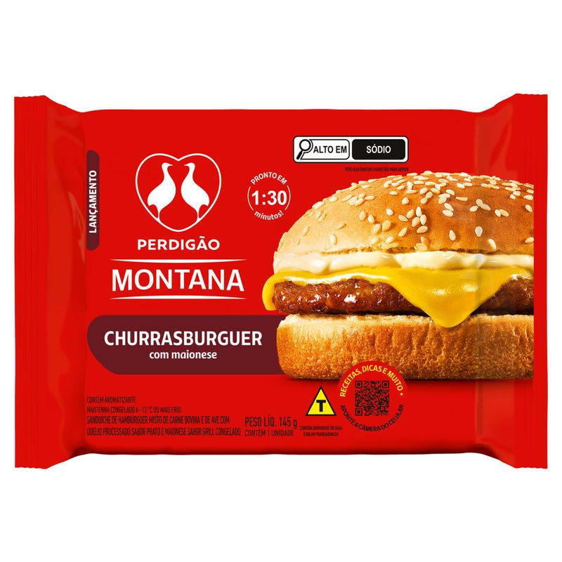 Sanduíche Congelado Churrasburger com Maionese Grill Perdigão Montana Pacote 145g