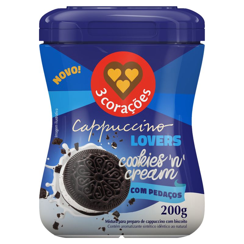 Cappuccino Solúvel Cookies 'n' Cream 3 Corações Lovers Pote 200g