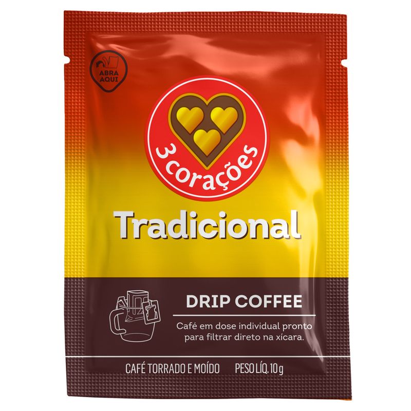 Café em Sachê Torrado e Moído Drip Coffee Tradicional 3 Corações 10g