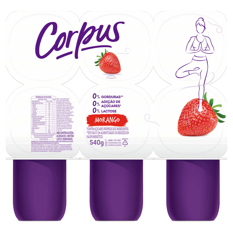 Iogurte Morango Zero Lactose Corpus Bandeja 540g 6 Unidades