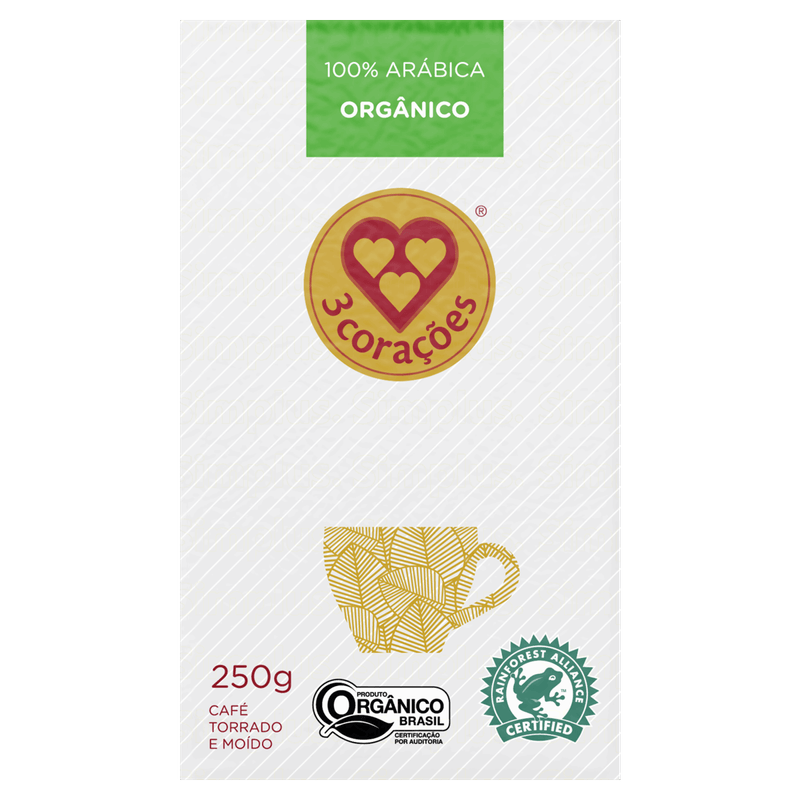 Café Torrado e Moído a Vácuo Orgânico 3 Corações Rituais Pacote 250g