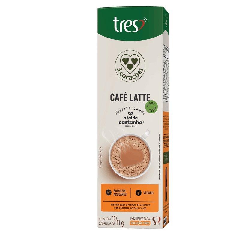 Café com Leite em Cápsula Latte Vegano 3 Corações Caixa 10 Unidades 11g Cada