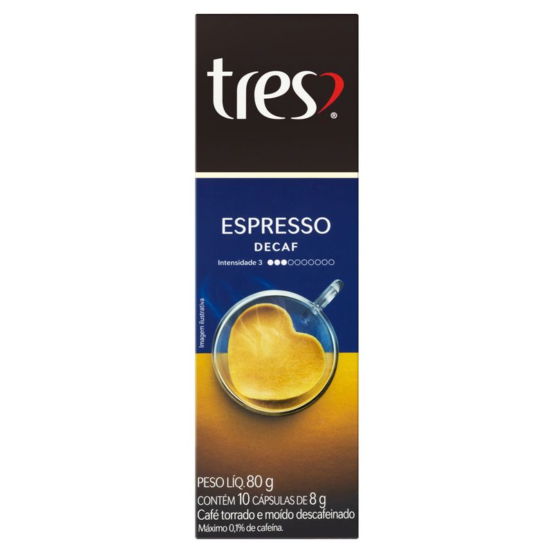 Café em Cápsula Torrado e Moído Espresso Descafeinado Tres Caixa 80g 10 Unidades