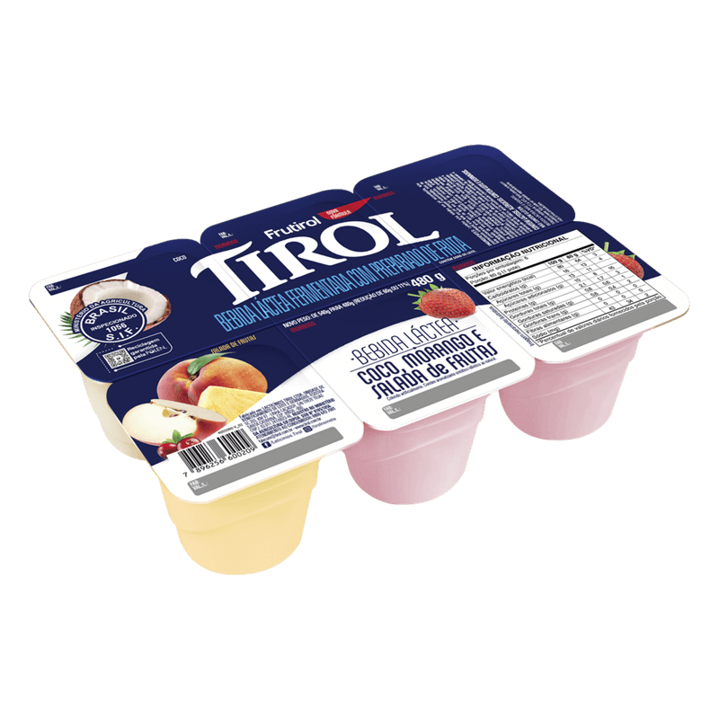 Bebida Láctea Fermentada Morango, Maracujá e Pêssego Tirol Frutirol Bandeja 480g 6 Unidades