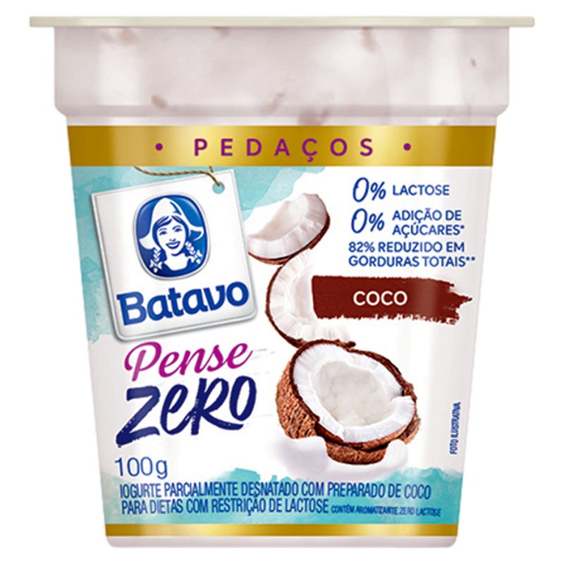 Iogurte Parcialmente Desnatado Coco Zero Lactose Batavo Pense Zero Pedaços Copo 100g