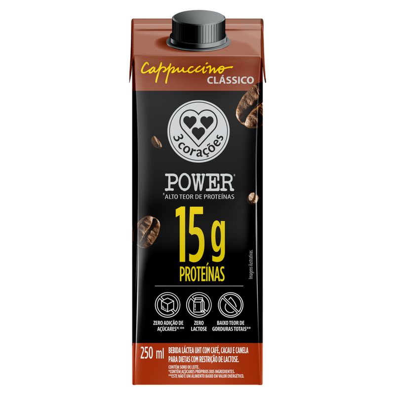 Bebida Láctea UHT Cappuccino Clássico Zero Lactose 3 Corações Power Whey Caixa 250ml