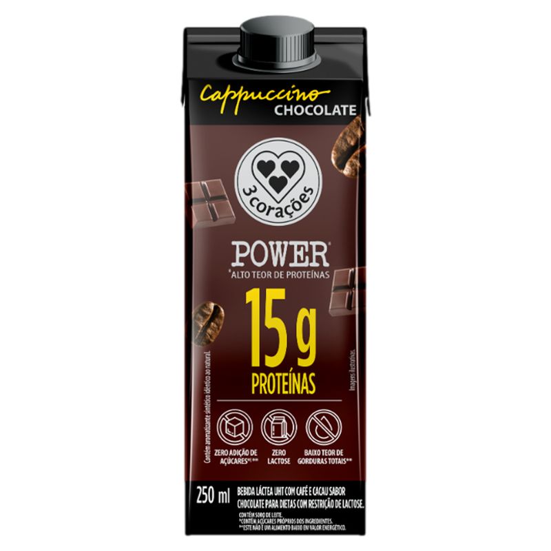 Bebida Láctea UHT Cappuccino Chocolate Zero Lactose 3 Corações Power Whey Caixa 250ml
