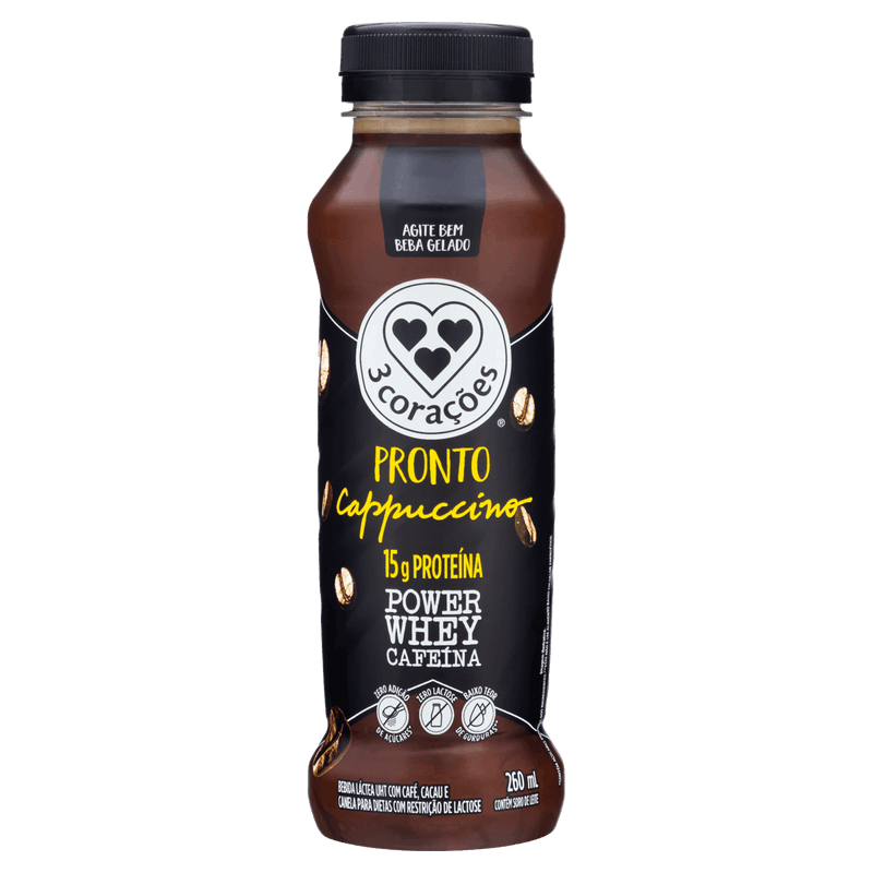 Bebida Láctea UHT Cappuccino Zero Lactose 3 Corações Power Whey Cafeína Frasco 260ml