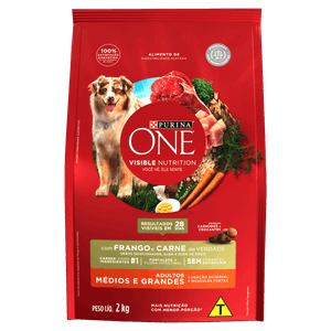 Alimento para Cães Adultos Raças Médias e Grandes Frango e Carne Purina One Visible Nutrition Pacote 2kg