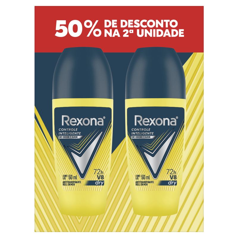Pack Antitranspirante Roll-On Rexona Men V8 Dry 2 Unidades 50ml Cada Grátis 50% de Desconto na 2ª Unidade