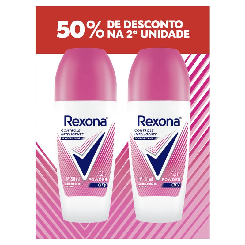 Pack Antitranspirante Roll-On Rexona Powder Dry 2 Unidades 50ml Cada Grátis 50% de Desconto na 2ª Unidade