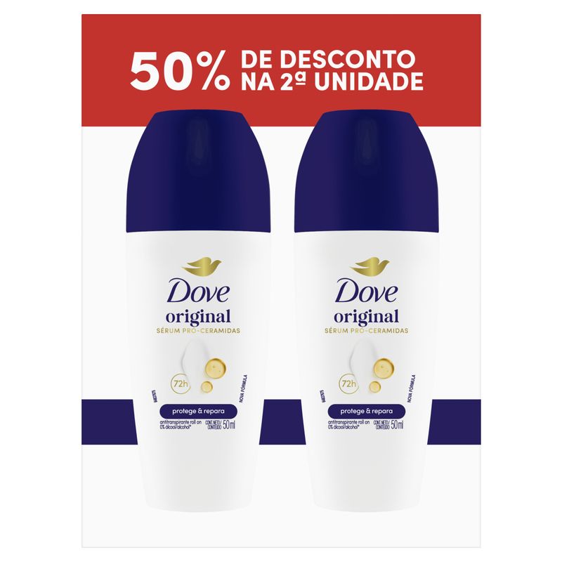 Pack Antitranspirante Roll-On Original Dove 2 Unidades 50ml Cada Grátis 50% de Desconto na 2ª Unidade