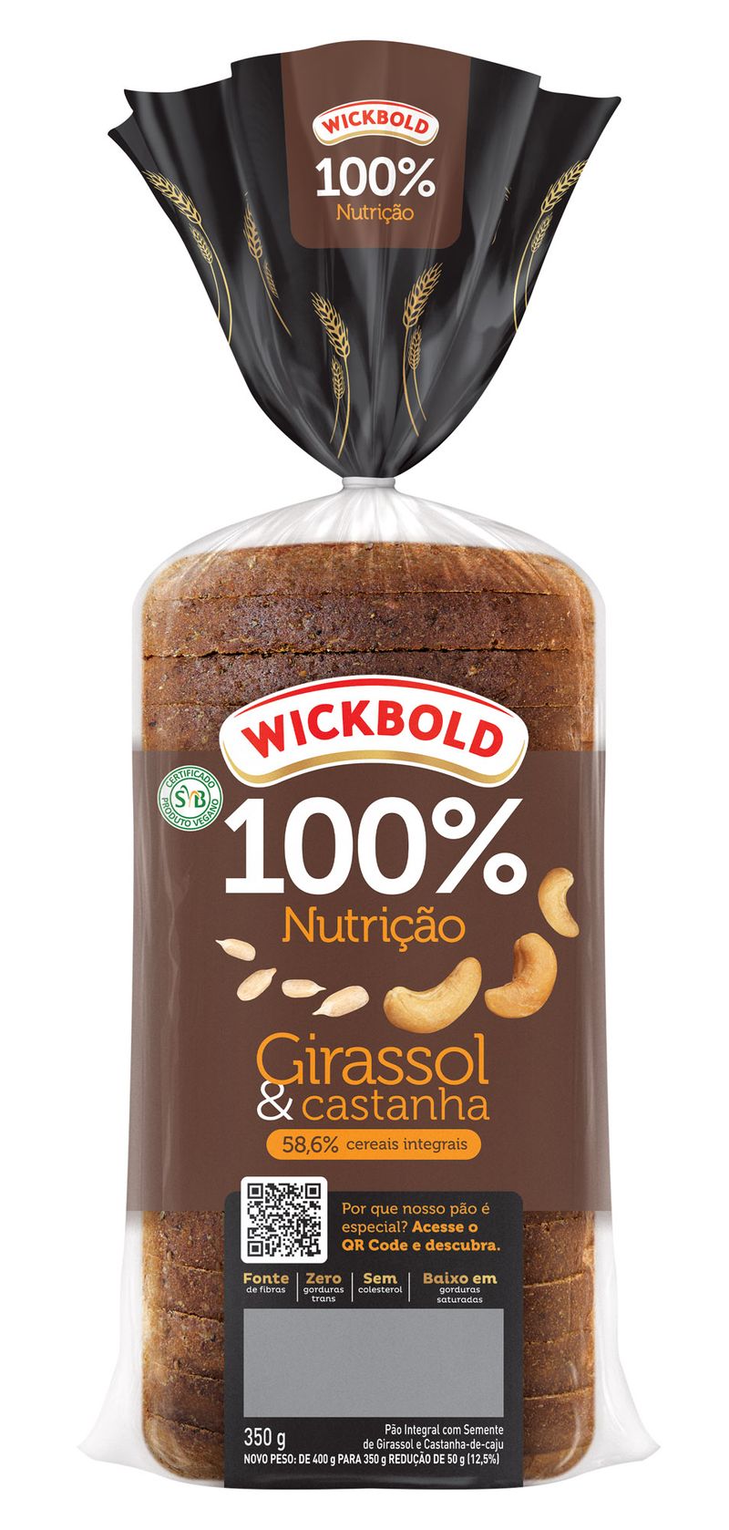 Pão Integral Girassol e Castanha Wickbold 100% Nutrição Pacote 350g