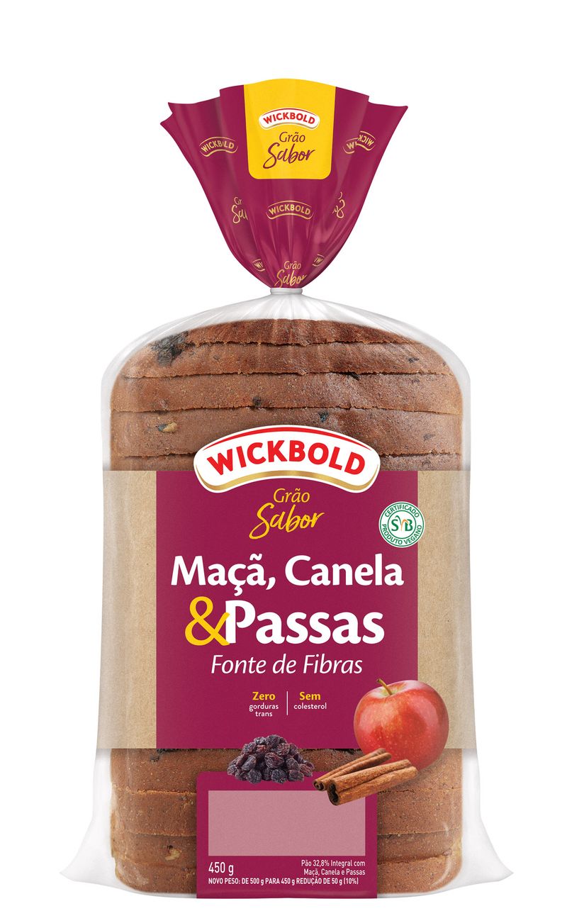 Pão Integral Maçã, Canela e Passas Wickbold Grão Sabor Pacote 450g