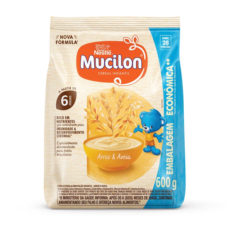 Cereal Infantil Arroz e Aveia Mucilon Pacote 600g Embalagem Econômica