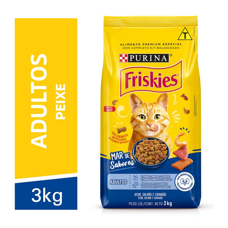 Alimento Ração para Gatos Adultos Peixe & Frutos do Mar Purina Friskies Pacote 3kg