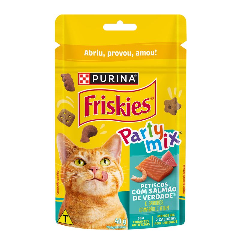 Petisco para Gatos com Salmão Camarão e Atum Purina Friskies Party Mix Pouch 40g