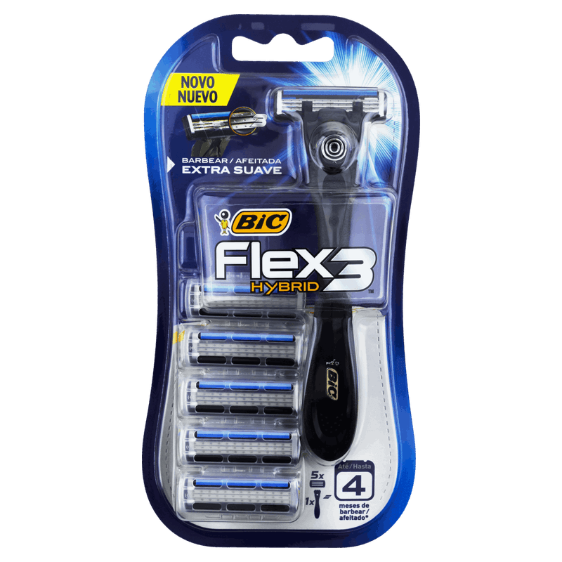 Aparelho Recarregável e 5 Cargas para Barbear Bic Flex 3 Hybrid
