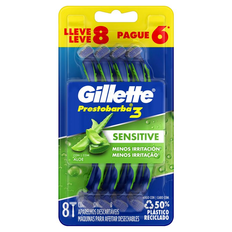 Aparelho Descartável para Barbear Gillette Prestobarba3 Sensitive Leve 8 Pague 6 Unidades
