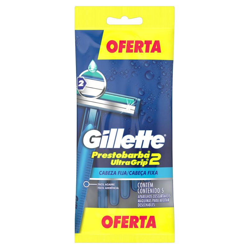 Aparelho Descartável para Barbear Cabeça Fixa Gillette Prestobarba2 Ultragrip 5 Unidades